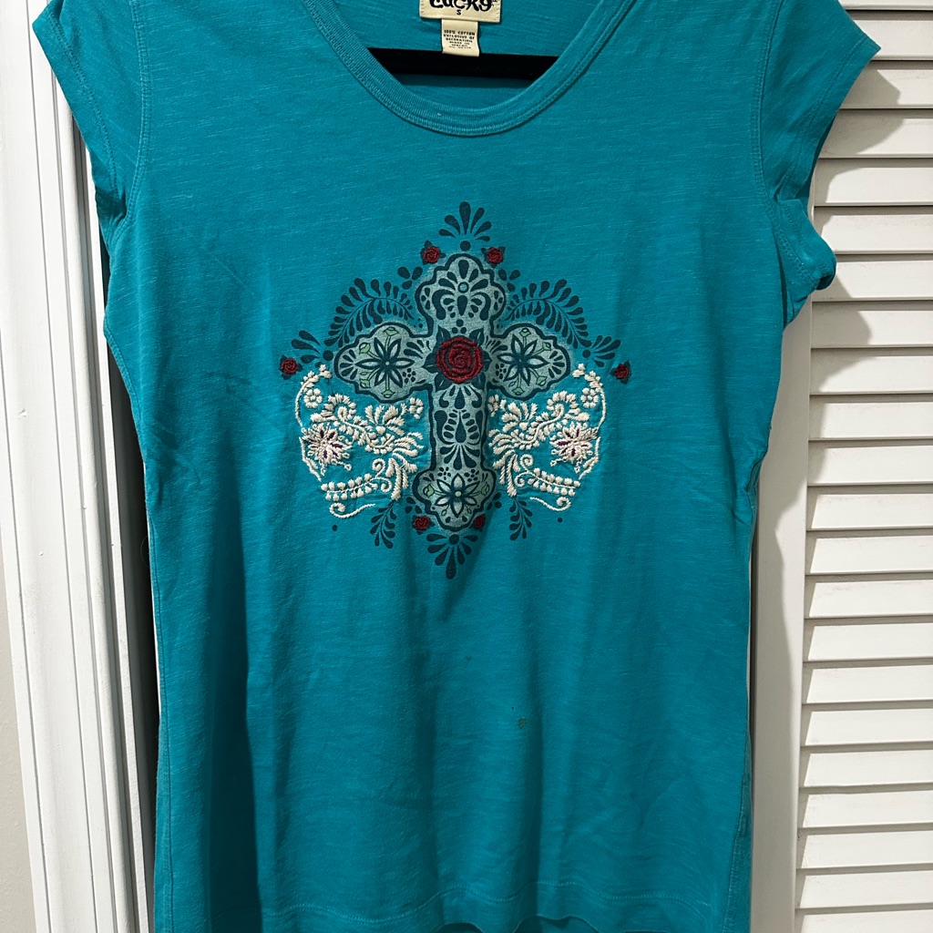 Lucky Brand Teal Embroidered Short Sleeve Top